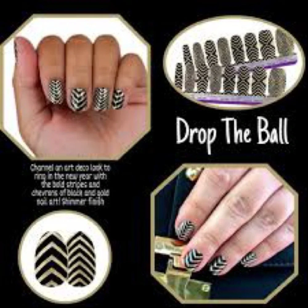 Color Street Retired Drop The Ball Nail Set Black and Gold Chevron
